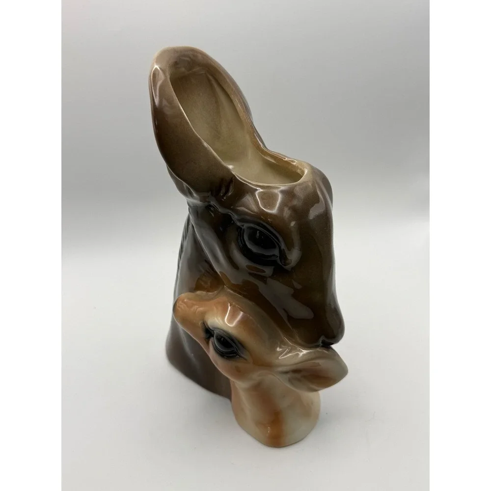 Vintage Style Ceramic Deer‎ and Foe Head Vase Planter Brown Glazed 4Y892 New